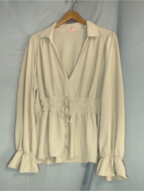 rose and grey Tops - Cream V-Neck Drawstring Waist Blouse with Ruffle Cuffs